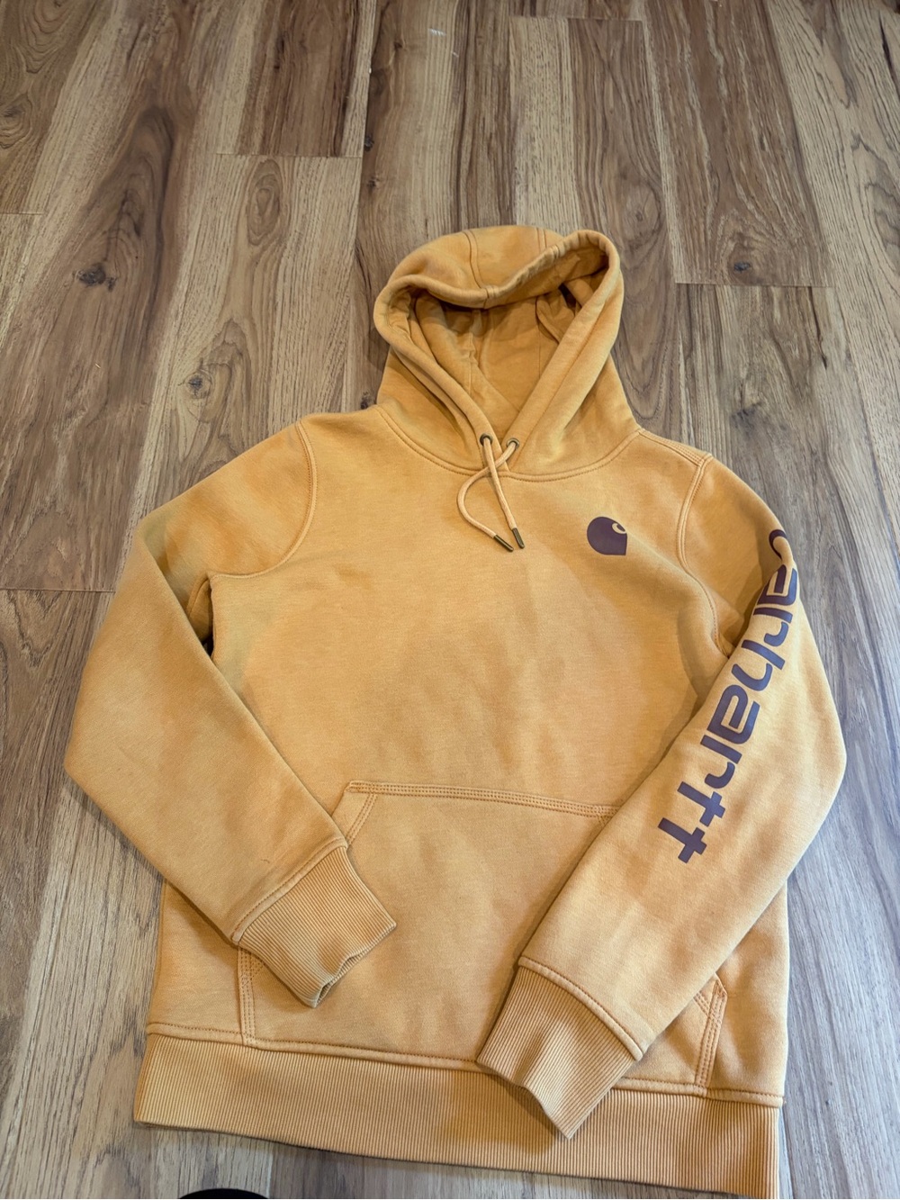 Carhartt Women's Hoodie in Mustard with Brown Logo  Size